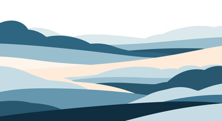 Abstract layered hills and valleys in serene blue and beige tones.
