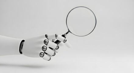 A robot hand holding a magnifying glass against a white background in a studio setting view