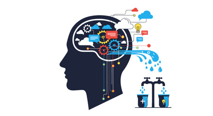 This illustration depicts the concept of information flow and cognitive processing within the human mind.