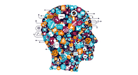 A silhouette of a human head filled with various icons representing social media and communication.