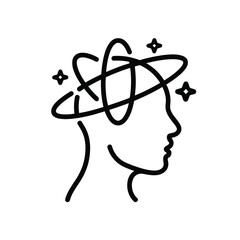 Abstract line art of a human head with swirling orbits and stars representing thoughts