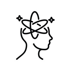 Abstract illustration of a human head profile with an atom symbol inside representing thought