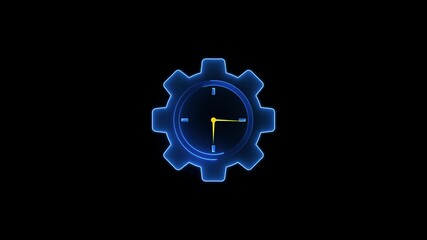 Blue neon gear clock icon with yellow hands on black background time symbol