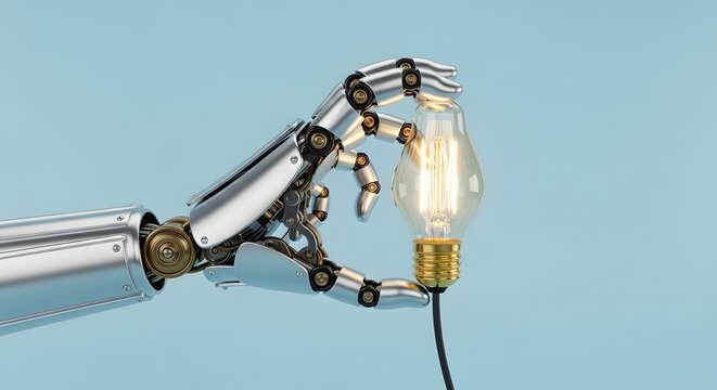 A robotic arm holding an illuminated light bulb against a light blue colored background studio shot