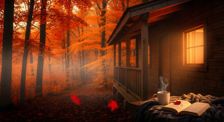 A warm and inviting autumn scene features a cabin with a book, coffee, and a cozy blanket, surrounded by a vibrant forest.