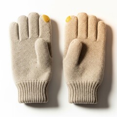 Tan and Cream Knitted Gloves with Yellow Touchscreen Fingers on White