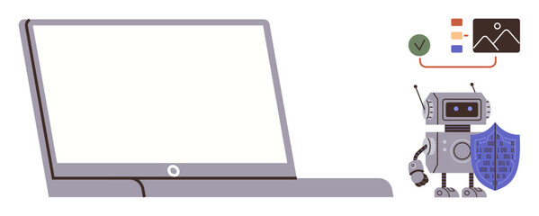 Blank laptop screen alongside robot holding shield, data visualization. Ideal for AI security, technology, automation, data analysis, digital protection, cybersecurity online storage. Simple flat