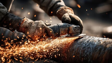 An angle grinder creates a shower of sparks on a pipe.