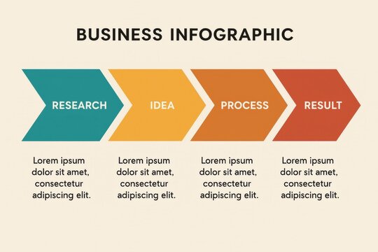 Business infographic showing four stages research idea process and result with placeholder text