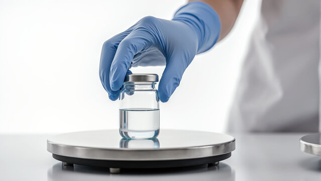 A lab technician in gloves weighing a medical vial. - Powered by Adobe