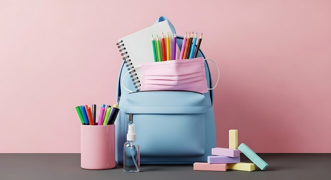 Back to School 2023 Supplies Backpack with Mask and Sanitizer on Pink Background - Powered by Adobe