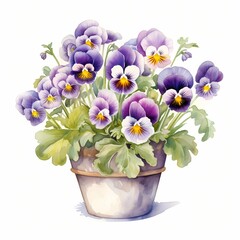 Naklejka premium The illustration shows a collection of purple and white pansies in a light brown flowerpot, set against a clean white background.