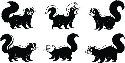 Cartoon skunks in expressive poses, black and white striped animals, playful vector illustration, cute wildlife character set, isolated design