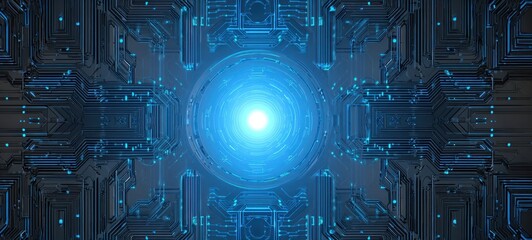 The futuristic circuit design with glowing blue center illuminating high-tech elements.