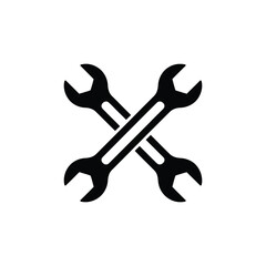 Black crossed wrench icon—minimalist tool symbol for repair, maintenance, mechanical services, or workshop and industrial design themes 