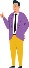 Man in purple jacket and yellow pants with glasses