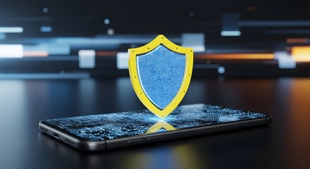 A smartphone with a blue circuit pattern and a yellow shield hovering above it on a dark surface