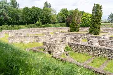 Ruins of old stone buildings on the site of an ancient Roman city