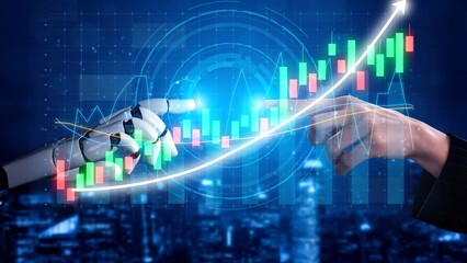 A striking image showcasing a robotic hand reaching out to a human hand amidst glowing data visualizations, symbolizing the fusion of technology and finance. Copula