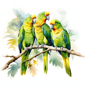 The illustration shows three sun parakeets with green and yellow plumage perched on a tree branch against a white background with watercolor washes of green and blue.