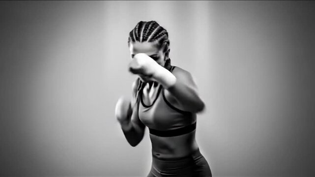 Intense black and white video sequence of a female boxer demonstrating boxing techniques and training exercises