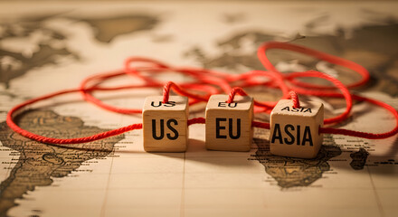 Wooden Blocks with Country Codes on World Map with Red String