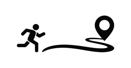  Silhouette of person running toward location pin—minimalist journey icon for navigation, fitness tracking, goal-setting, or progress themes © VectorCraze