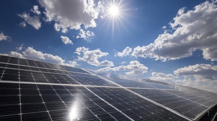 solar panels bright sun clouds