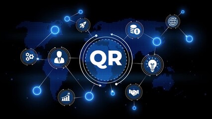 QR Code concept with global network and business icons on digital world map background QR Code barcode - Powered by Adobe