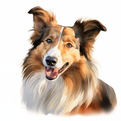 Fototapeta premium The illustration shows a happy Collie dog with long fur, brown and white coloring, and its tongue out.
