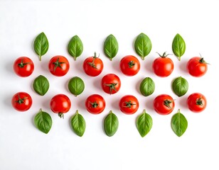 Fresh red cherry tomatoes and basil leaves arranged in a pattern
