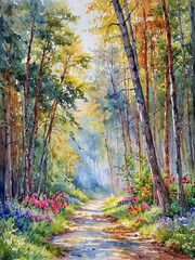 Serene Forest Path Vibrant Colors Nature Landscape Tranquil Scenery Blooming Flowers Lush Trees Sunlight Filtering