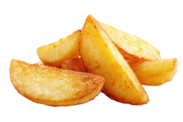 Delicious golden fried potato wedges, isolated on white transparent background
