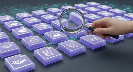 Data Search Document Management Information Analysis Purple Icons Copy Space