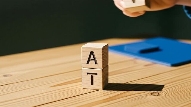 Hand removing wooden blocks with vat letters from a stack on wooden table in office setting