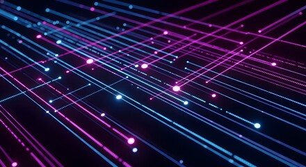Abstract background with glowing blue and pink lines and dots on a dark surface design concept