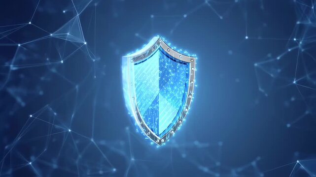 Metallic blue shield graphic on a network background