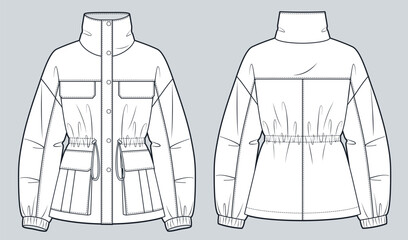 Parka Jacket with high collar Technical Fashion Illustration. Utility Jacket fashion flat technical drawing template, drawstring waist, oversize, front, back view, white, women, men, unisex CAD mockup © Liubov Hladka