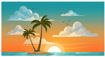 Fototapeta premium Vibrant tropical sunset with palm trees and fluffy clouds over the ocean