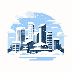 Obraz premium A stylized illustration of a city skyline covered in snow, with tall buildings and smaller structures blanketed in white, under a sky with falling snowflakes and soft clouds.