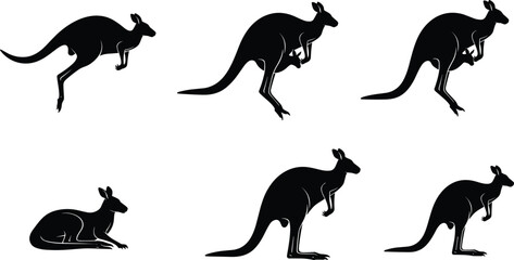 Kangaroo silhouette illustration, animal pose design, wildlife vector art, hopping kangaroo graphic, blue outline style, Australian fauna concept