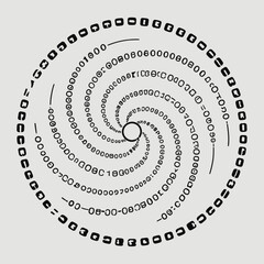 Abstract spiral design composed of black hexadecimal digits and letters on a pale grey background, creating a visual representation of data.