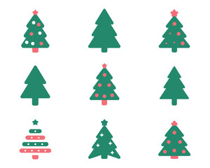 Nine Minimalist Christmas Tree Icons Festive Vector Graphics
