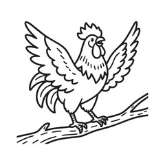A line drawing of a happy rooster perched on a branch, spreading its wings wide.