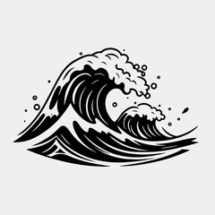 A powerful ocean wave cresting in a bold, black and white Japanese woodblock art style.