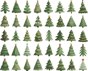 A versatile set of fifty different stylized Christmas tree illustrations. A large collection of decorated fir trees for festive design