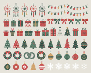 A festive assortment of cheerful Christmas decorations including trees, gifts, baubles, and festive lights for holiday cheer