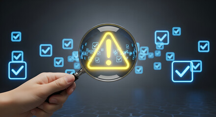 Risk Assessment Magnifying Glass Highlights Warning Sign Quality Control Copy Space