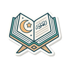 Simple sticker-style icon of an open Quran book, symbolizing Islamic scripture, knowledge, faith,