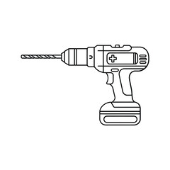Black and white line drawing of a cordless power drill with a drill bit attached